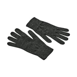 A pair of dark green knit gloves with ribbed cuffs, featuring a logo on one glove.