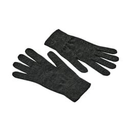 A pair of black and grey knit gloves displayed flat, featuring a ribbed cuff and a simple design.