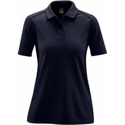 A navy blue women's polo shirt with a classic collar and short sleeves, featuring a logo.