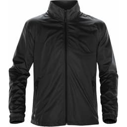 A black jacket featuring a zip front, a collar, and pockets, with a logo on the left side.
