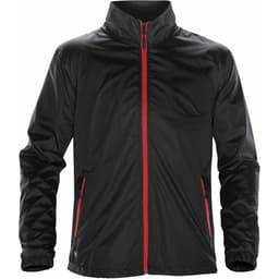A black jacket with a red zipper and trim, featuring long sleeves and side pockets. It has a logo on the front.