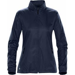 A women's rain jacket in navy blue, featuring a zip front and side pockets. The jacket includes a logo on the lower hem.