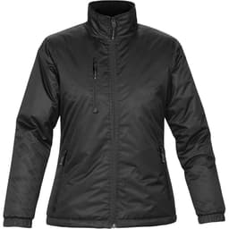 A women's black thermal jacket featuring a full zip, high collar, and zippered pockets. It has a logo on the chest.