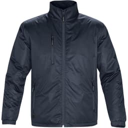A dark navy thermal jacket with a high collar and zippered pockets, featuring a logo on the front.