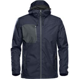 A navy rain jacket featuring a contrasting grey pocket and a hood, with zippers and branding.