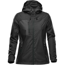 A women's rain jacket in black, featuring a hood and zippered pockets, with a logo on the front.