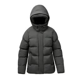 A women's thermal jacket in dark green with a hood, featuring a puffy design and front button closure.
