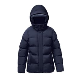A navy blue women's thermal jacket with a hood, featuring a padded design and front snap closure.