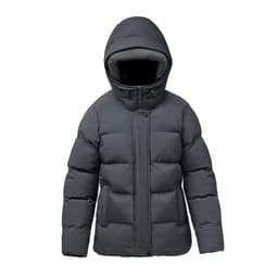 A women's thermal jacket in dark grey, featuring a hood and a puffy design, with a logo on the chest.