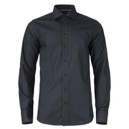 A black button-up shirt with long sleeves and a branded logo on the chest.
