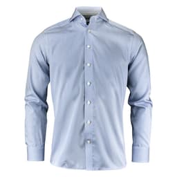 A striped blue button-up shirt with a collar and long sleeves, featuring a logo.