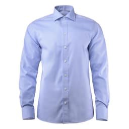 A light blue button-up shirt with a classic collar and long sleeves, featuring a logo.