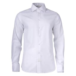 A button-up shirt in white with long sleeves and a pointed collar, featuring a subtle logo.
