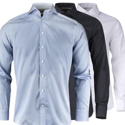 A collection of men's button-up shirts in blue striped, dark blue, and white with a logo present on one shirt.