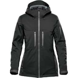 A black women's jacket with a hood, featuring multiple zippered pockets and a sleek design. It has a logo on the side.