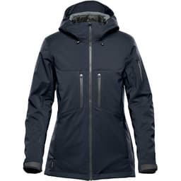 A dark grey women's jacket with a hood, featuring zippered pockets and a sleek design. It includes a logo on one sleeve.