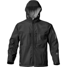 A black men's jacket with a hood, featuring multiple pockets and a logo on the sleeve.