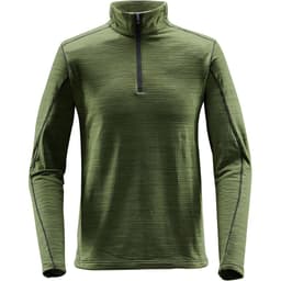 A green men's base thermal 1/4 zip jumper with a textured pattern and zippered collar, featuring contrasting stitching.