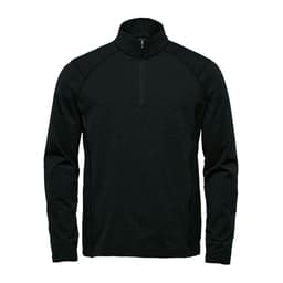A black 1/4 zip pullover with raglan sleeves and a front zipper, featuring a brand logo.