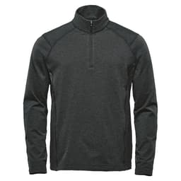 A green men's 1/4 zip pullover jumper with long sleeves and a high collar, featuring a logo on the chest.