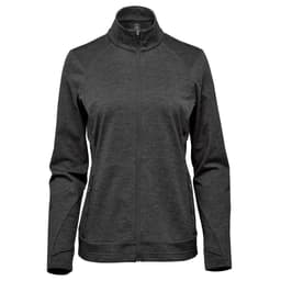 A women's performance jacket in dark grey with a zip front and high collar, featuring a logo on the chest.