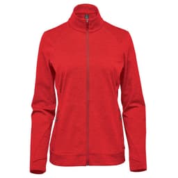 A red women's performance jacket with a high collar and zippered front, featuring a logo on one side.