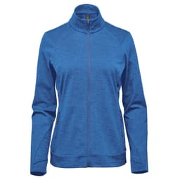A blue women's performance jacket with a zip-up front and stand-up collar. It features a logo on the upper left side.