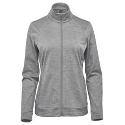 A grey women's performance jacket with a zip-up front, high collar, and side pockets. It features a branding logo.