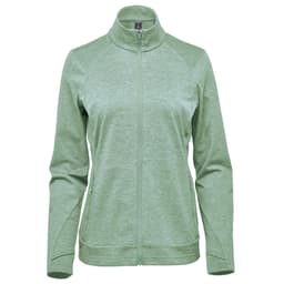 A green women's performance jacket with a high collar and zip closure, featuring side pockets and a logo.