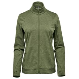 A green women's performance jacket featuring a high collar and zip-up front, with side pockets and a branded logo.