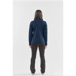 A women's jacket in dark blue, featuring a high collar and worn with black trousers, displaying a simple design.