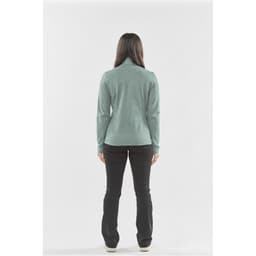 A back view of a women's performance jacket in a soft green colour, paired with black pants. The jacket features a logo.