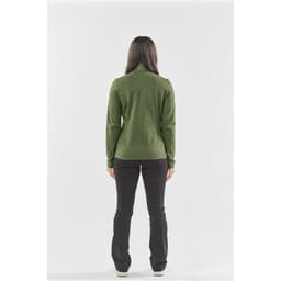 A green performance jacket viewed from the back, paired with black pants. The jacket features a logo.