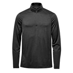 A black men's pullover featuring a 1/4 zip design and long sleeves, with a logo on the chest.