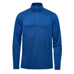 A blue men's 1/4 zip pullover jumper with long sleeves and a subtle logo.