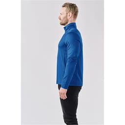 A side view of a men's Milano 1/4 zip pullover in blue, featuring long sleeves and a high collar, with a logo on it.