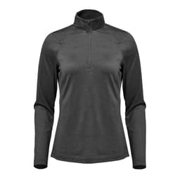 A dark grey women's Milano 1/4 zip pullover, featuring long sleeves and a zippered collar, with a logo on it.