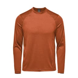 A long sleeve crew neck shirt in a rich rust colour, featuring raglan sleeves and a logo.