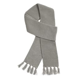 A soft, light grey knit scarf with a textured pattern and fringed ends. It features a logo.