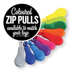 A variety of coloured zip pulls in blue, purple, green, yellow, orange, and red, with a textured grip.