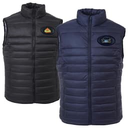 A puffer vest available in black and navy, featuring a logo on each side. The vest has a zip-up front and a high collar.