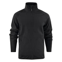 A black softshell fleece hybrid jacket featuring a zip front and two side pockets, with a logo on the chest.