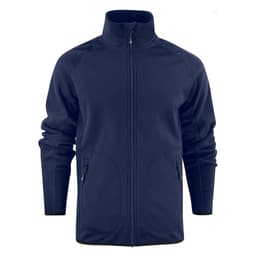 A navy blue softshell fleece hybrid jacket featuring a high collar and zippered pockets, with a brand logo.