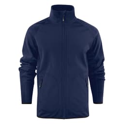 A navy softshell fleece hybrid jacket with a zip front and side pockets. Features a logo on the chest.