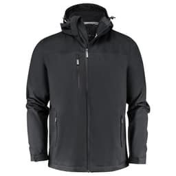 A black men's rain jacket featuring a hood and zippered pockets, with a logo on the front.