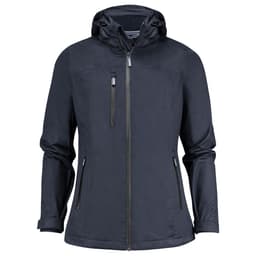 A women's rain jacket in dark navy with a hood, featuring zippered pockets and a branded logo.