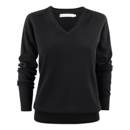 A black women's V-neck sweater with long sleeves and ribbed cuffs, featuring a small logo.