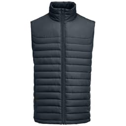 A dark grey men's padded vest with a high collar and vertical stitching, featuring a front zip closure and brand logo.