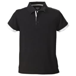 A black men's cotton polo shirt with white detailing on the cuffs and collar. It features a logo.