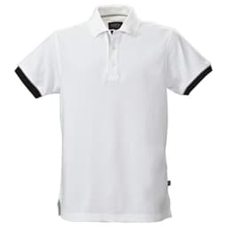 A white men's cotton polo shirt with black accents and a collar, featuring a branding logo.